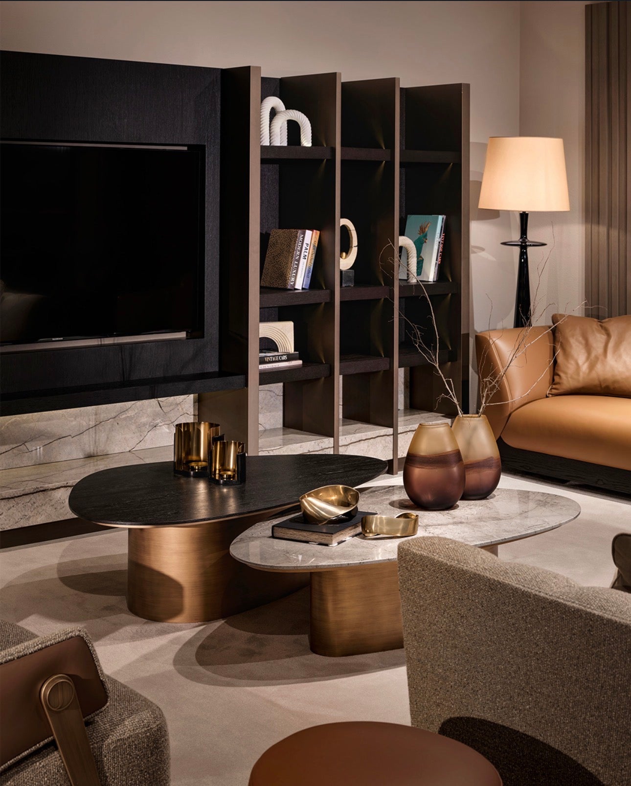 Equinox luxury living room furniture collection featuring modern leather sofa, sculptural lounge chairs, and contemporary shelving design.