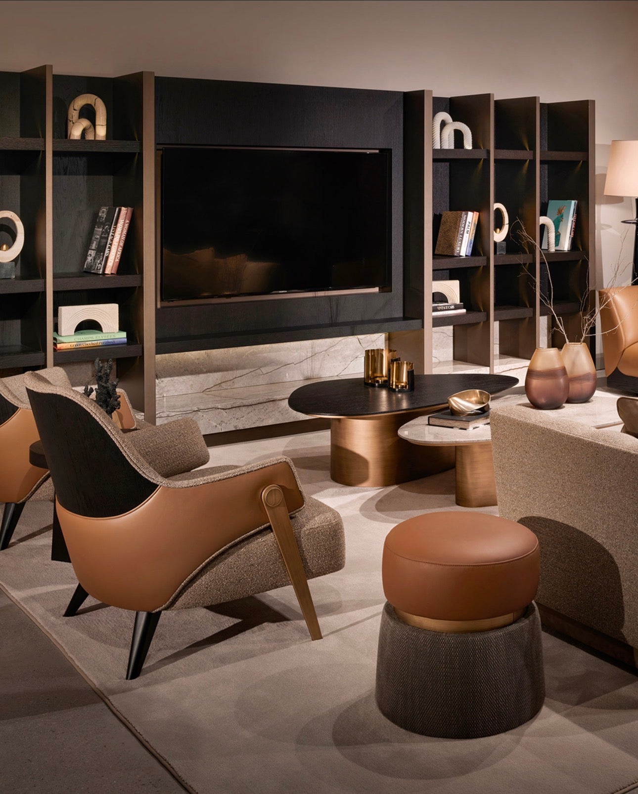 Equinox luxury living room furniture collection featuring modern leather sofa, sculptural lounge chairs, and contemporary shelving design.