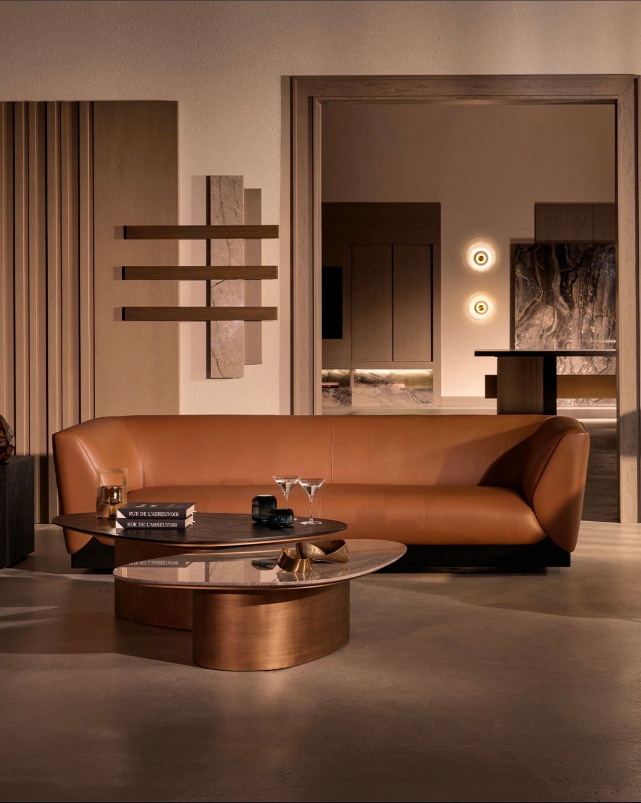 Equinox luxury living room furniture collection featuring modern leather sofa, sculptural lounge chairs, and contemporary shelving design.
