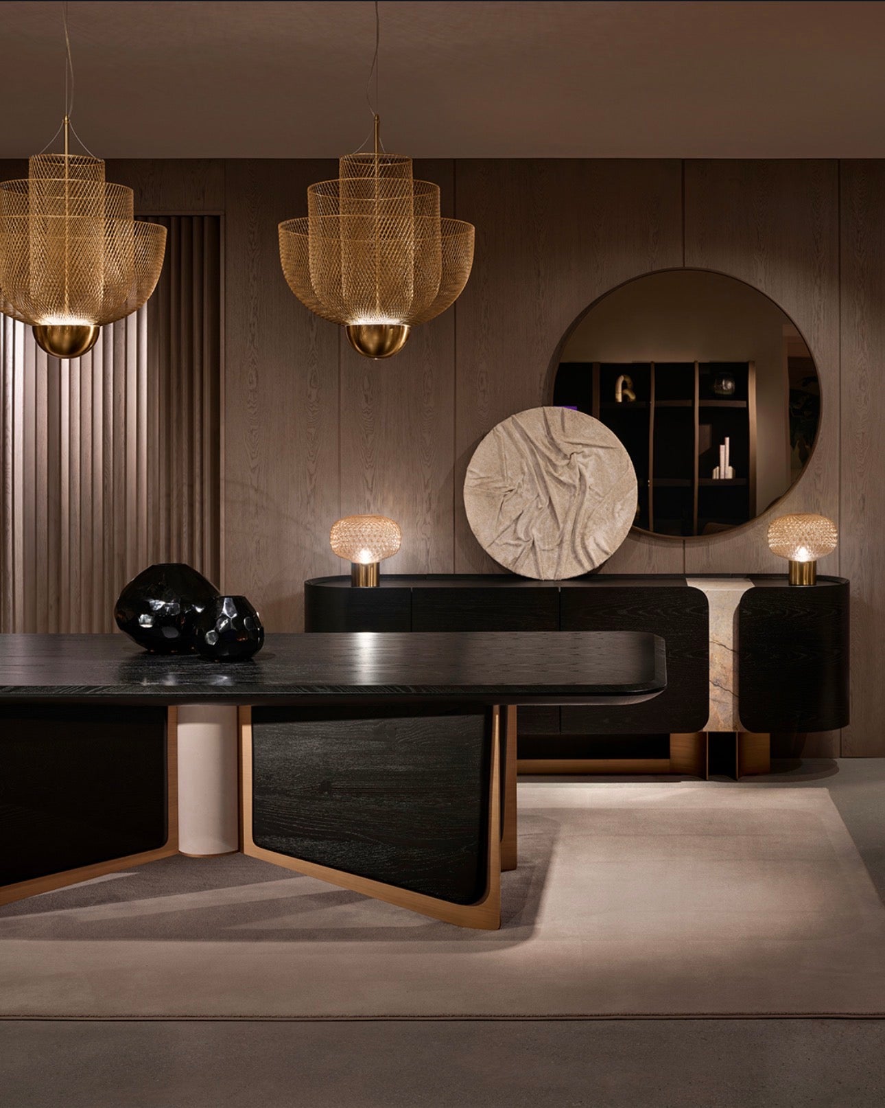 Equinox luxury living room furniture collection featuring modern leather sofa, sculptural lounge chairs, and contemporary shelving design.