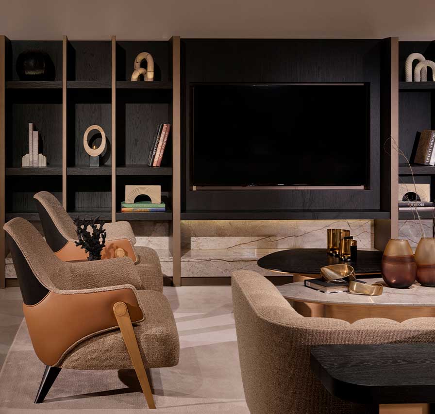 Equinox luxury living room furniture collection featuring modern leather sofa, sculptural lounge chairs, and contemporary shelving design.