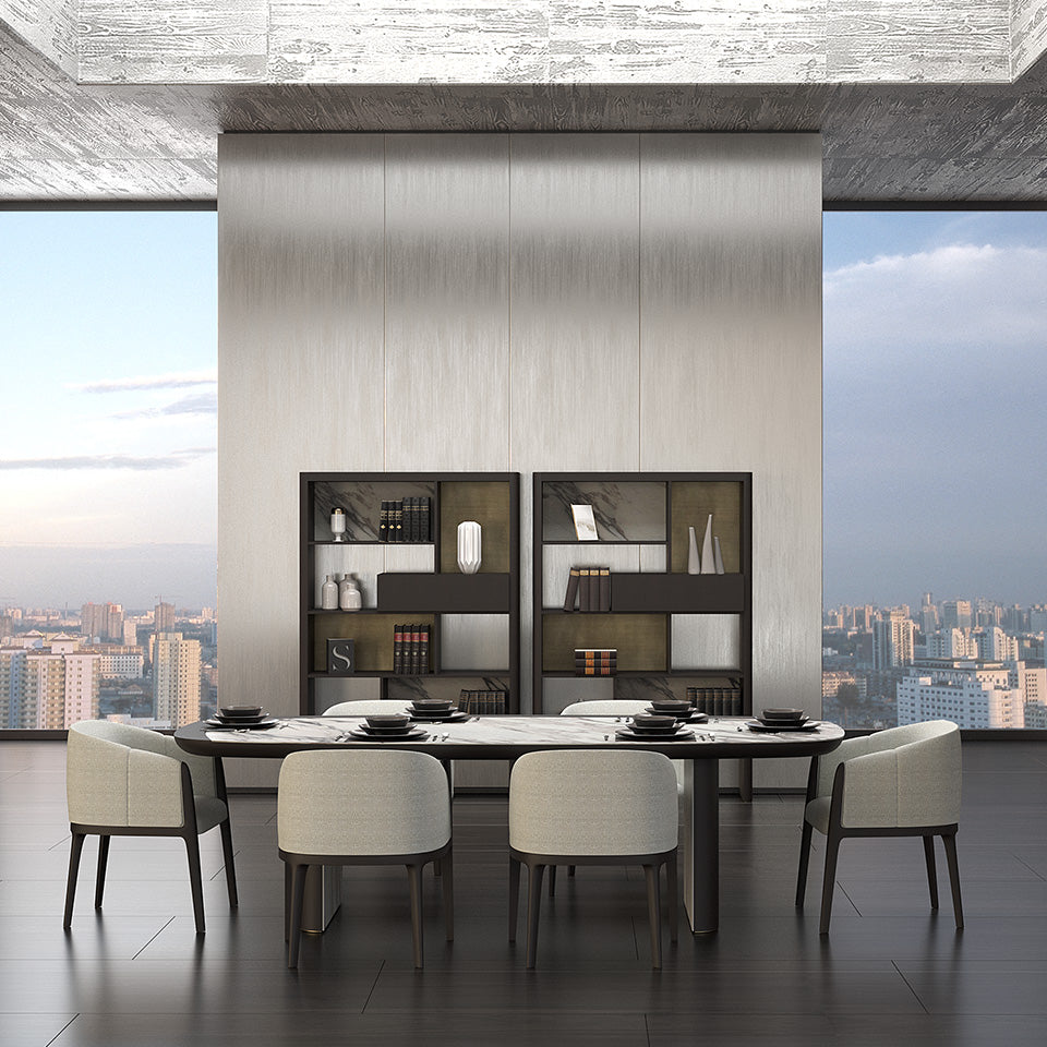 Olympus luxury furniture collection with modern dining table, sculptural seating, and marble accent tables.