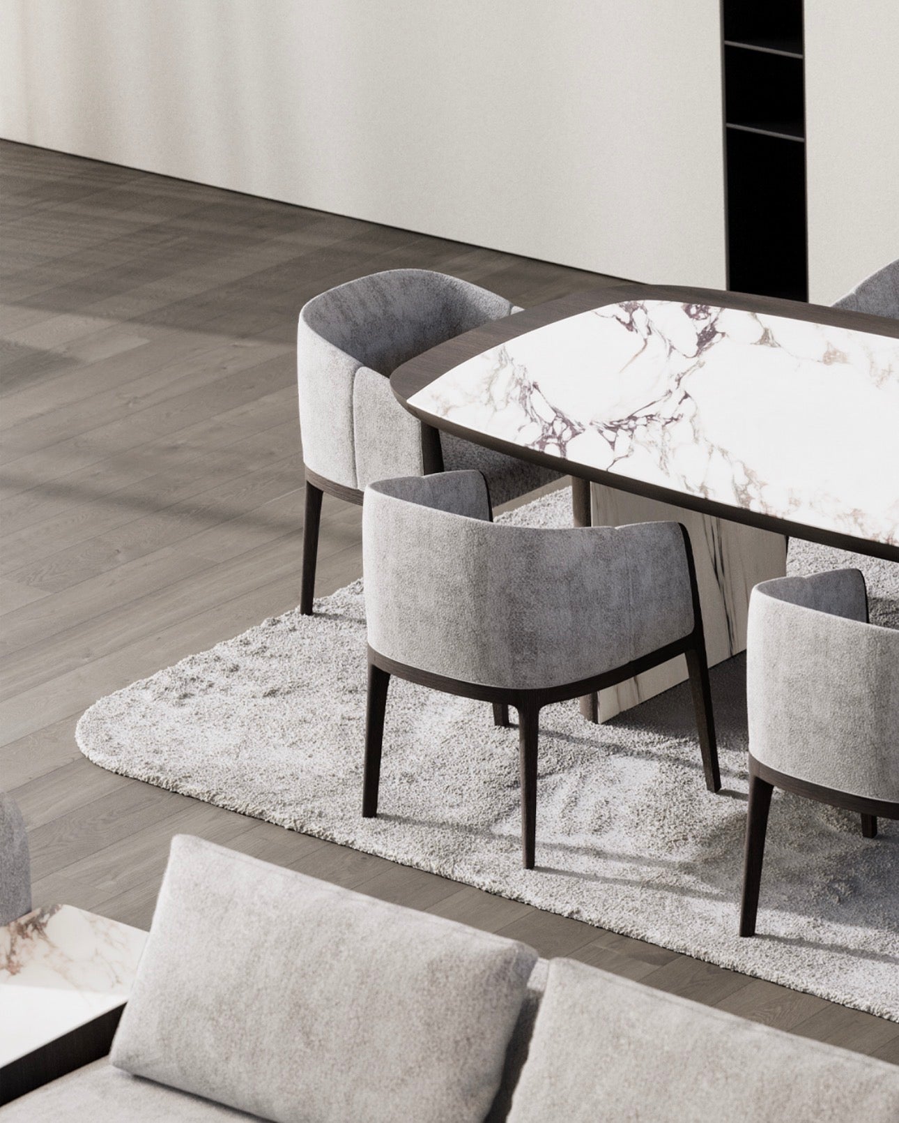Olympus luxury furniture collection with modern dining table, sculptural seating, and marble accent tables.