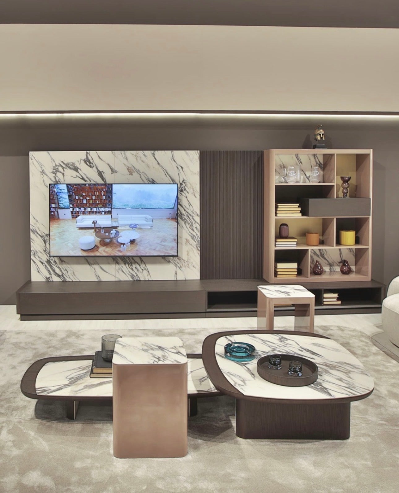 Olympus luxury furniture collection with modern dining table, sculptural seating, and marble accent tables.