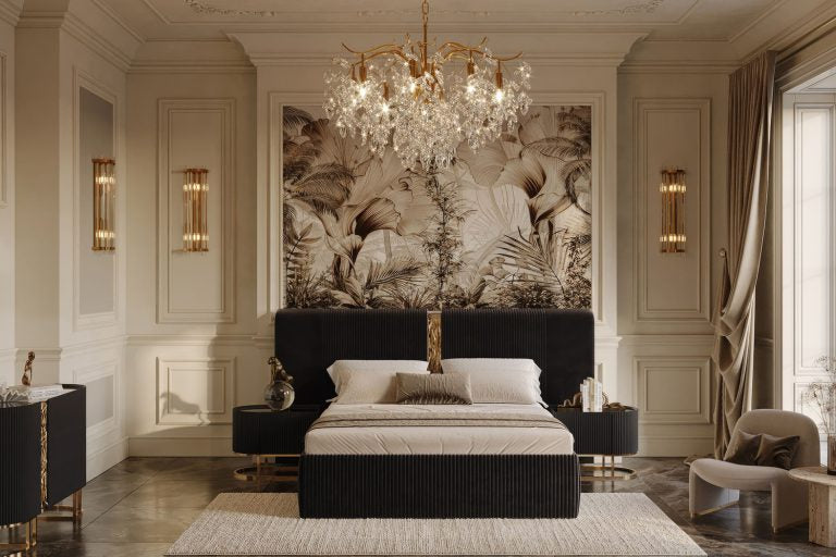 Lyon luxury bedroom furniture collection with upholstered bed, mirrored wardrobe, and gold accent dresser.