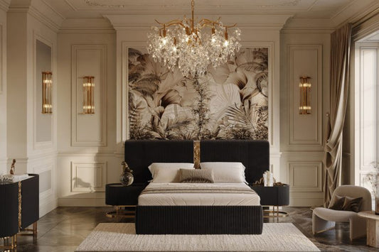 Lyon luxury bedroom furniture collection with upholstered bed, mirrored wardrobe, and gold accent dresser.