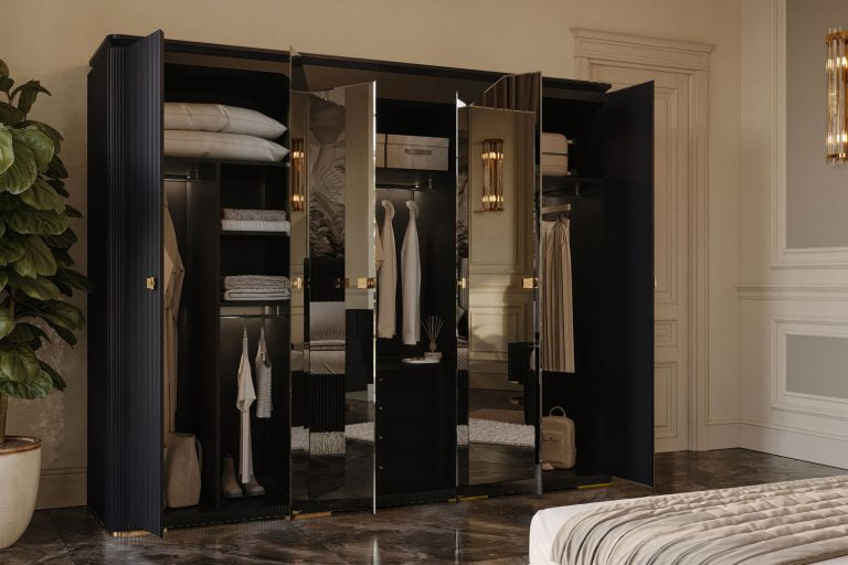 Lyon luxury bedroom furniture collection with upholstered bed, mirrored wardrobe, and gold accent dresser.
