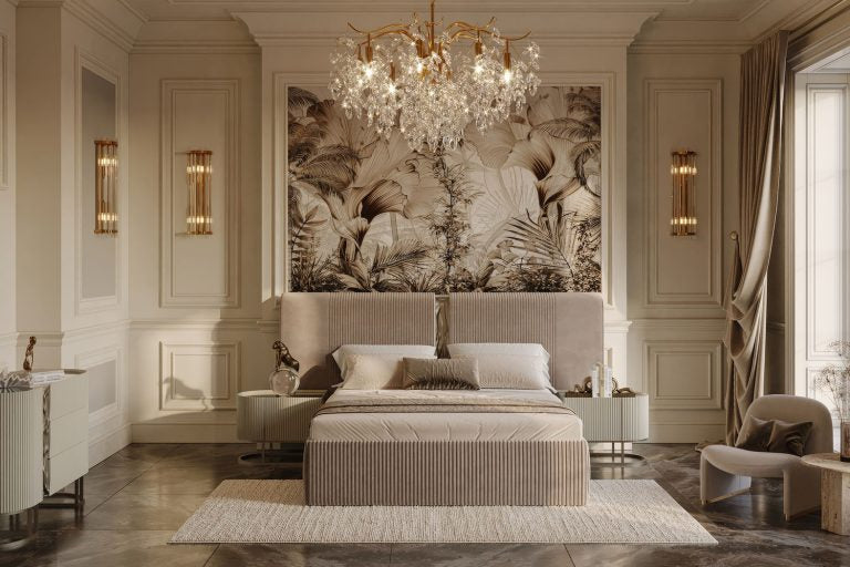 Lyon luxury bedroom furniture collection with upholstered bed, mirrored wardrobe, and gold accent dresser.