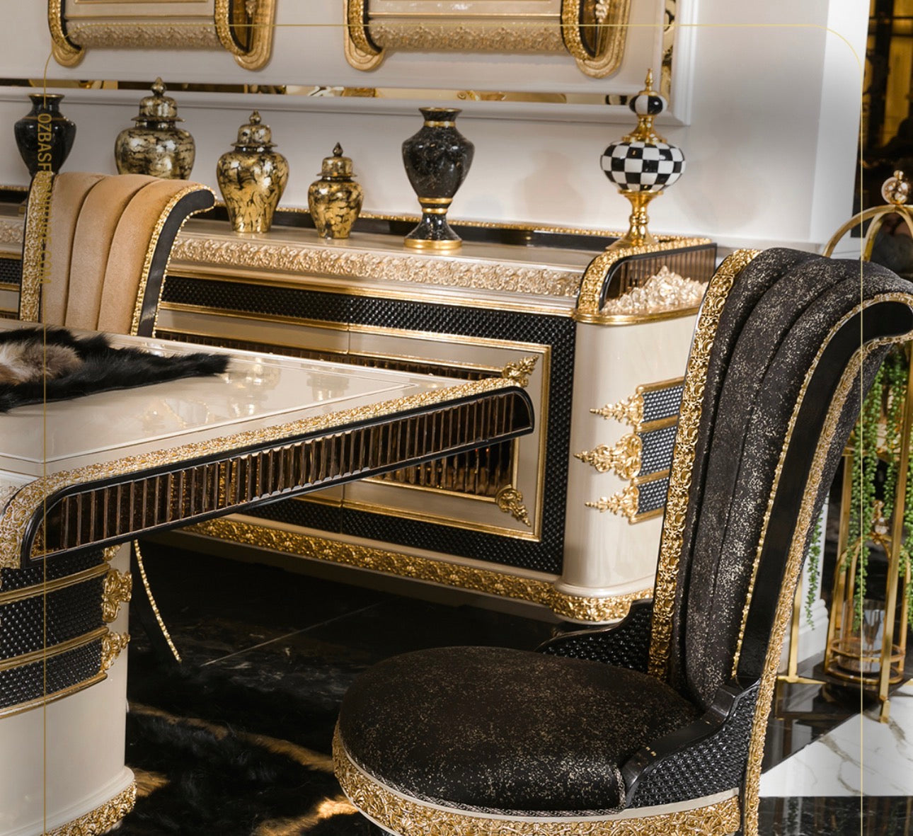 Regalia luxury furniture collection featuring ornate gold living room seating and classic dining set with intricate detailing and black marble flooring.
