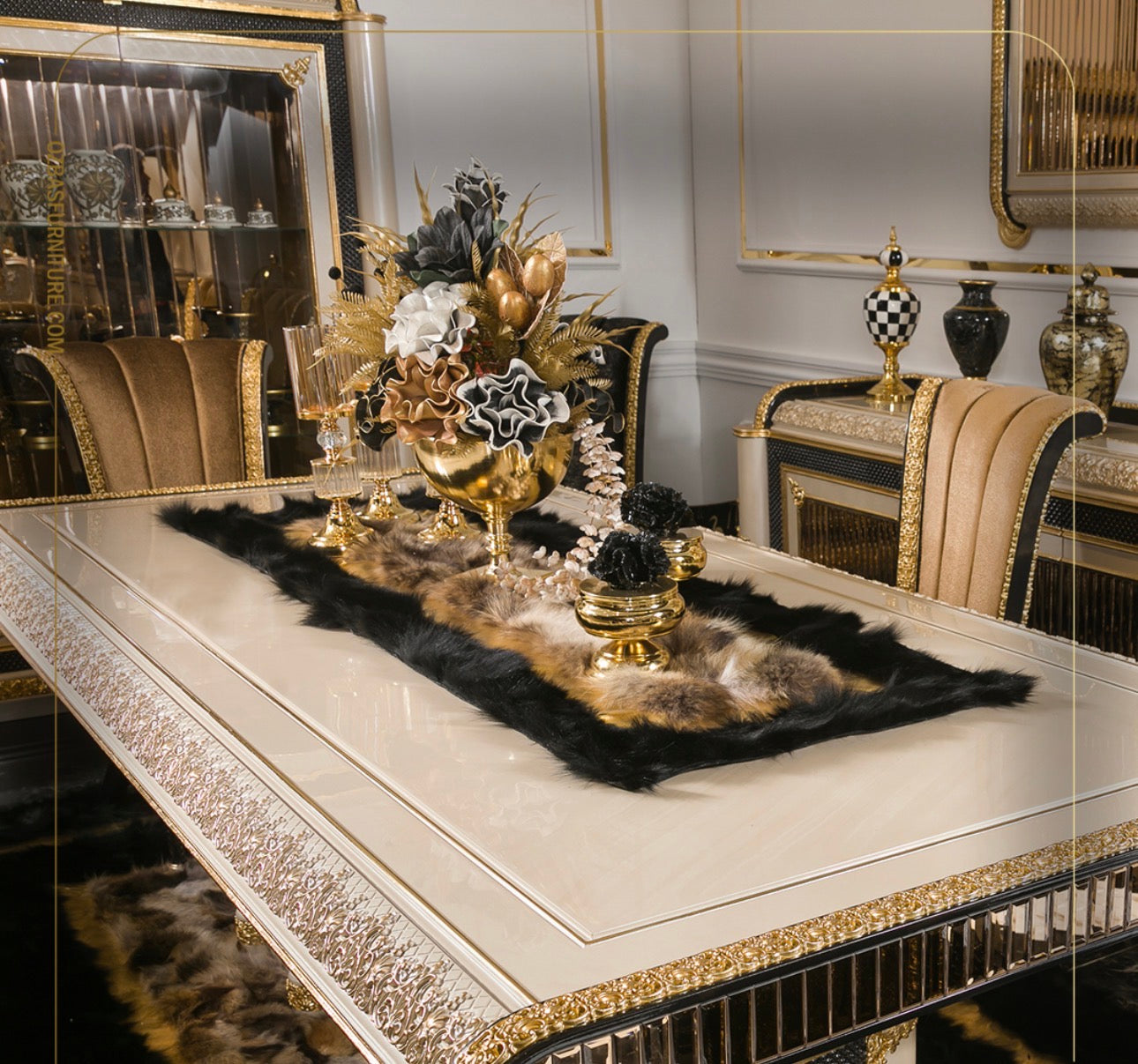 Regalia luxury furniture collection featuring ornate gold living room seating and classic dining set with intricate detailing and black marble flooring.