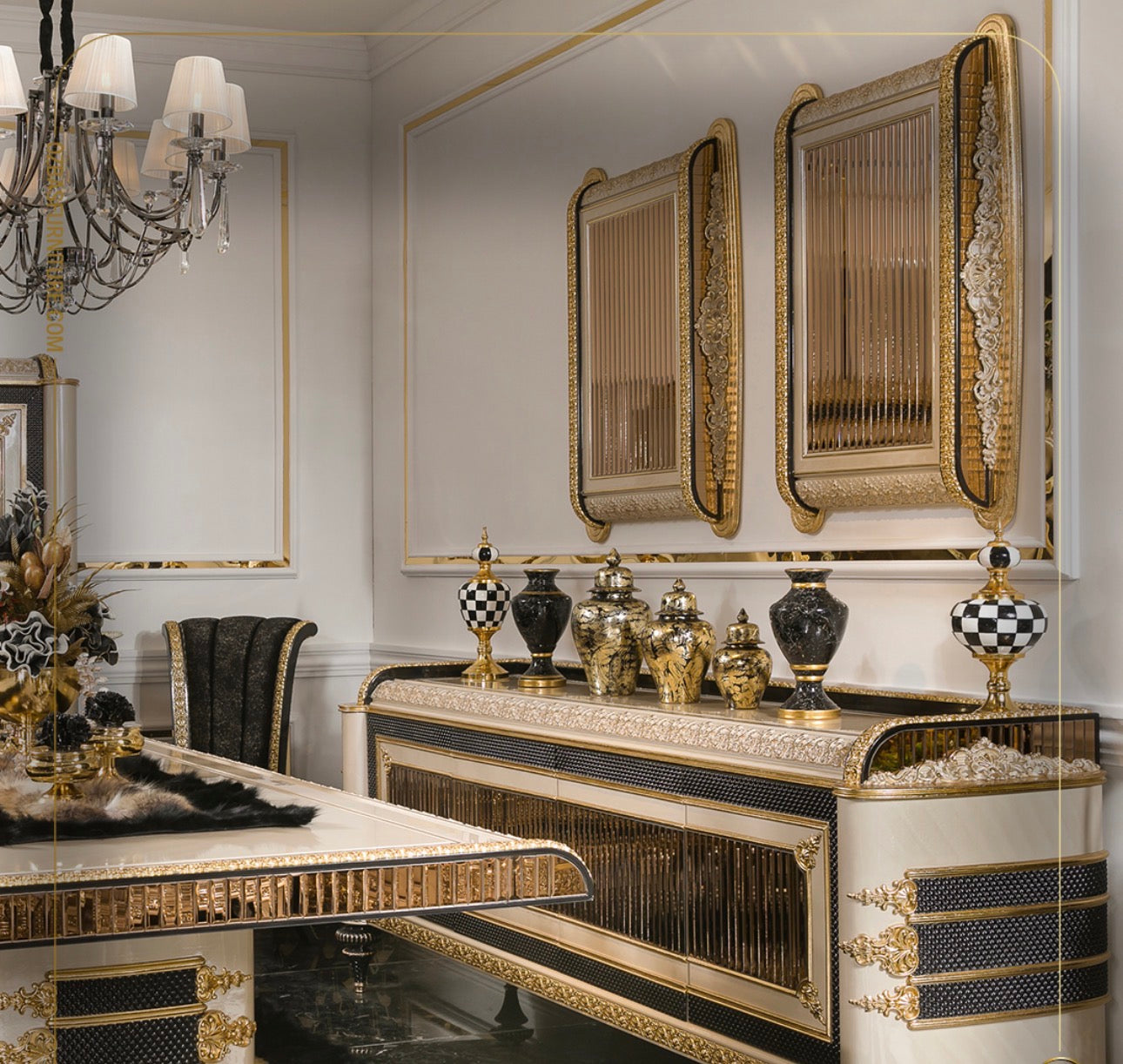 Regalia luxury furniture collection featuring ornate gold living room seating and classic dining set with intricate detailing and black marble flooring.