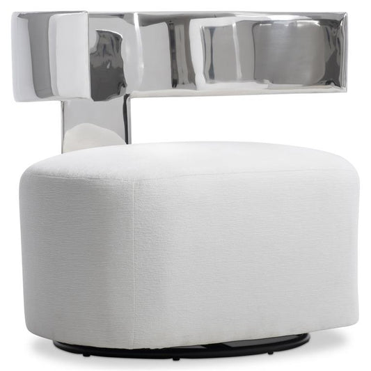 Orvane chairs with curved polished metal backs and textured upholstered bases in a modern luxury setting.