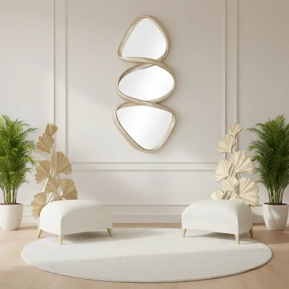 Fancci Averon sculptural vertical wall mirror with organic layered shapes styled in a modern luxury interior.