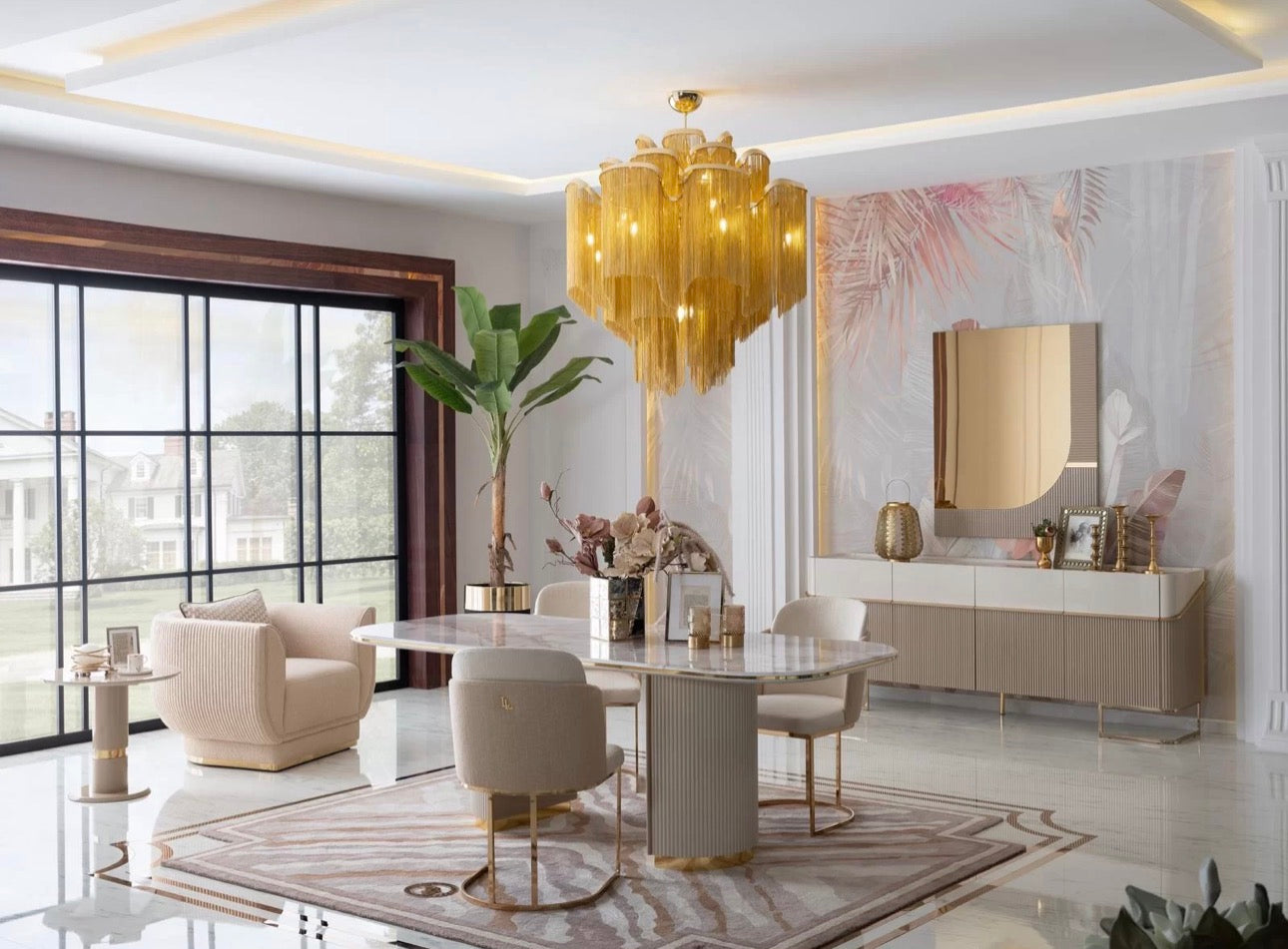 Fancci Valorex luxury living room and dining collection with curved sofas, gold accents, and soft neutral tones in a modern interior.