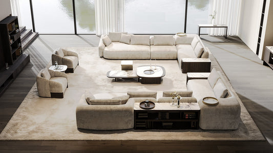 Olympus luxury furniture collection with modern dining table, sculptural seating, and marble accent tables.