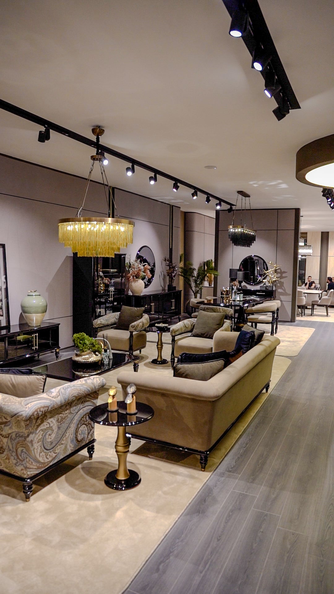 Relic luxury furniture collection featuring black lacquer display cabinets, gold accents, and classic modern living room design