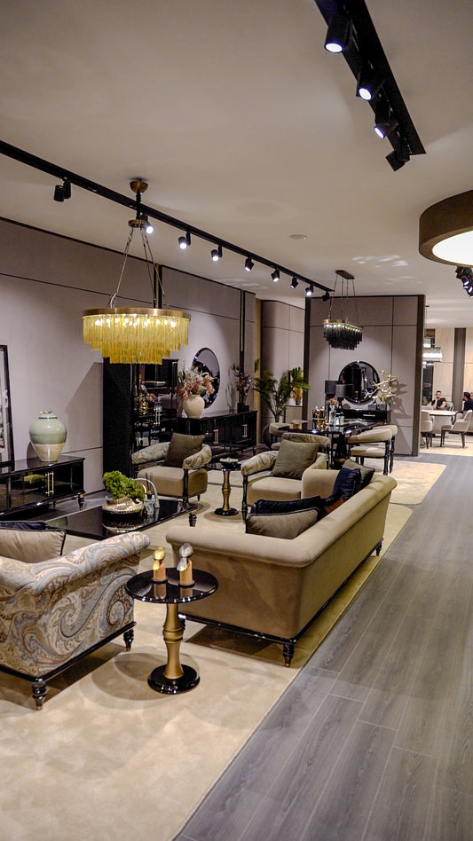 Relic luxury furniture collection featuring black lacquer display cabinets, gold accents, and classic modern living room design